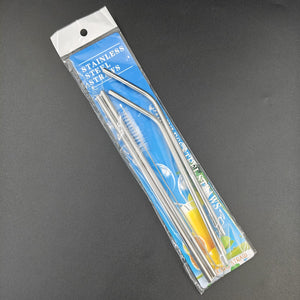 Packaged stainless steel straws with a clear plastic sleeve on a dark background